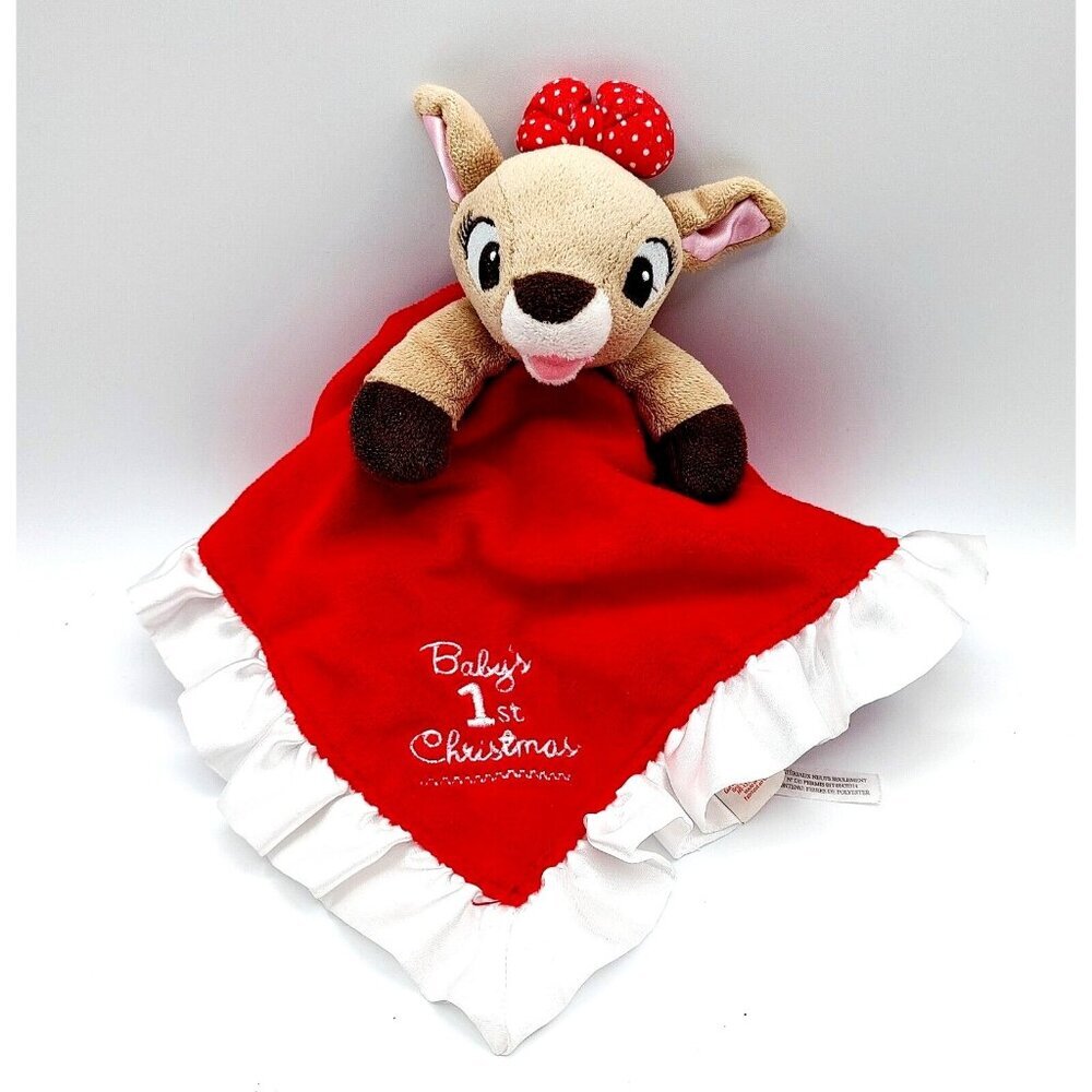 Rudolph Clarice Babys 1st Lovey Christmas Security Blanket Red White Satin